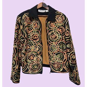 Vintage Anage Black Jacket With Gold & Green Embellished Spiral Design Lined Lon